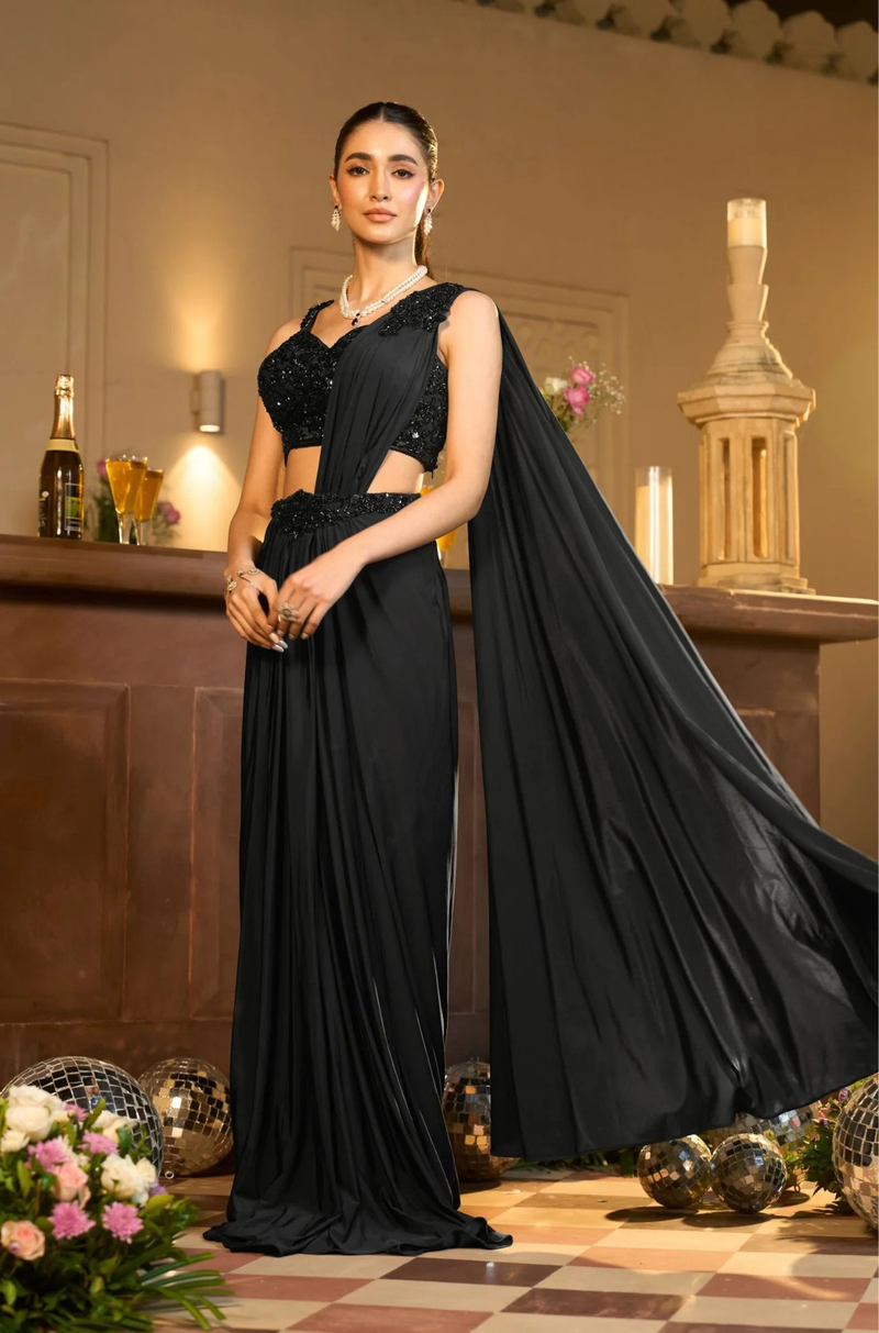 Black Lycra Net Pre-Drape Saree with blouse
