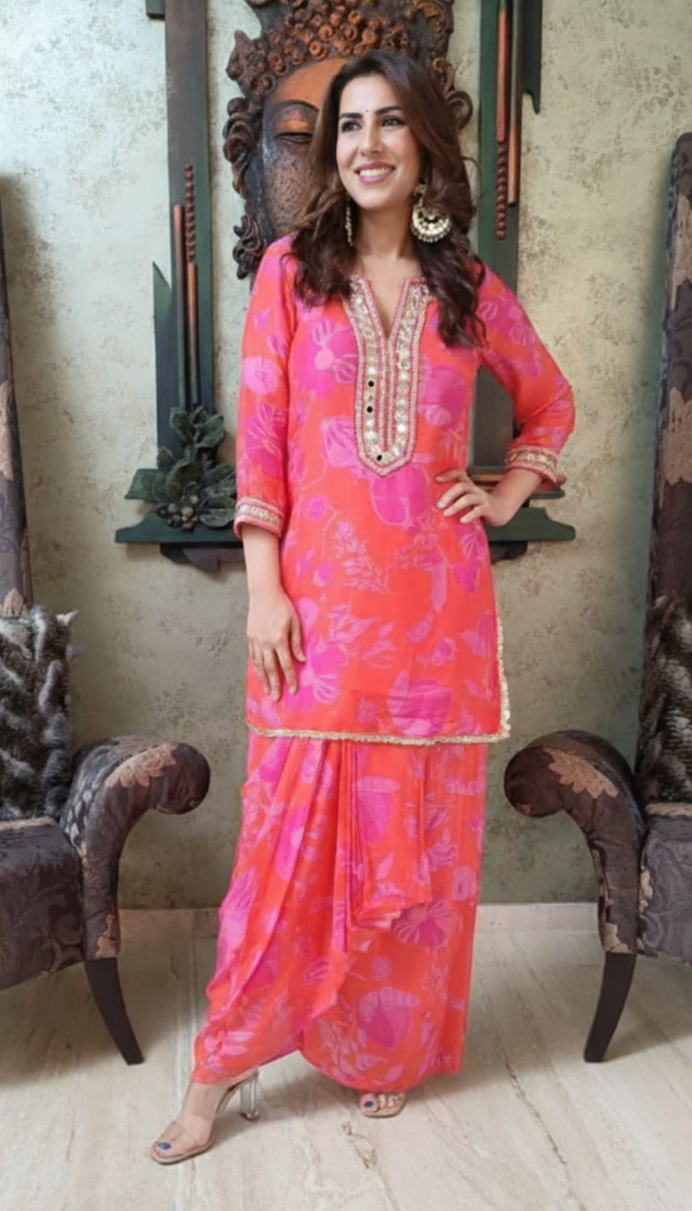 Muslin Pink Floral Punjabi Dhoti Kurta