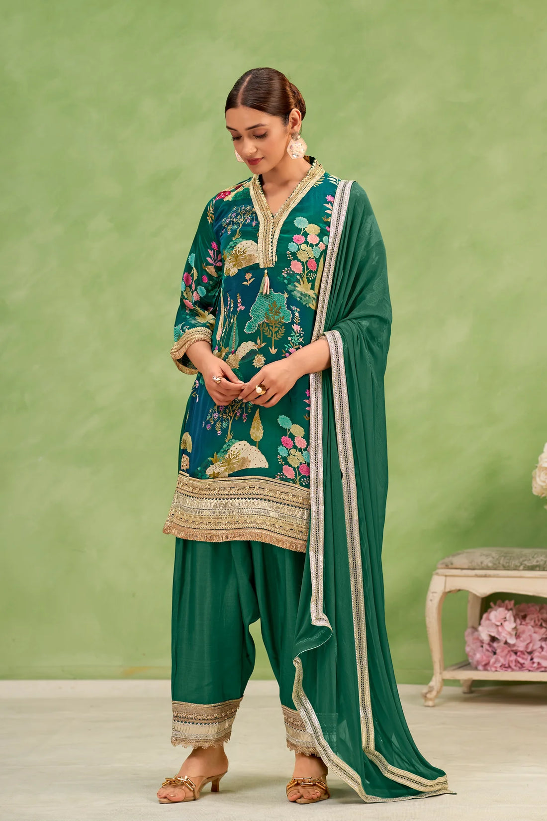 Green Crepe Botanical Printed Suit Set