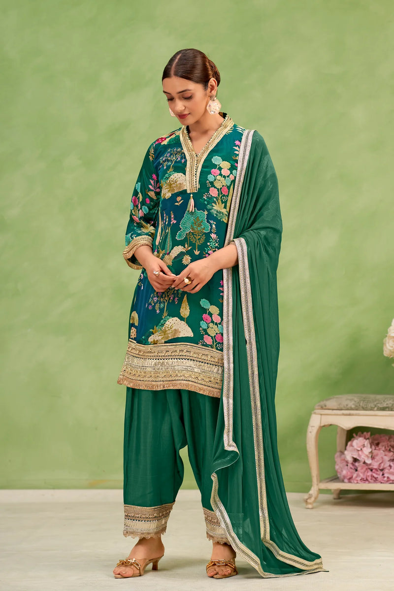 Green Crepe Botanical Printed Suit Set