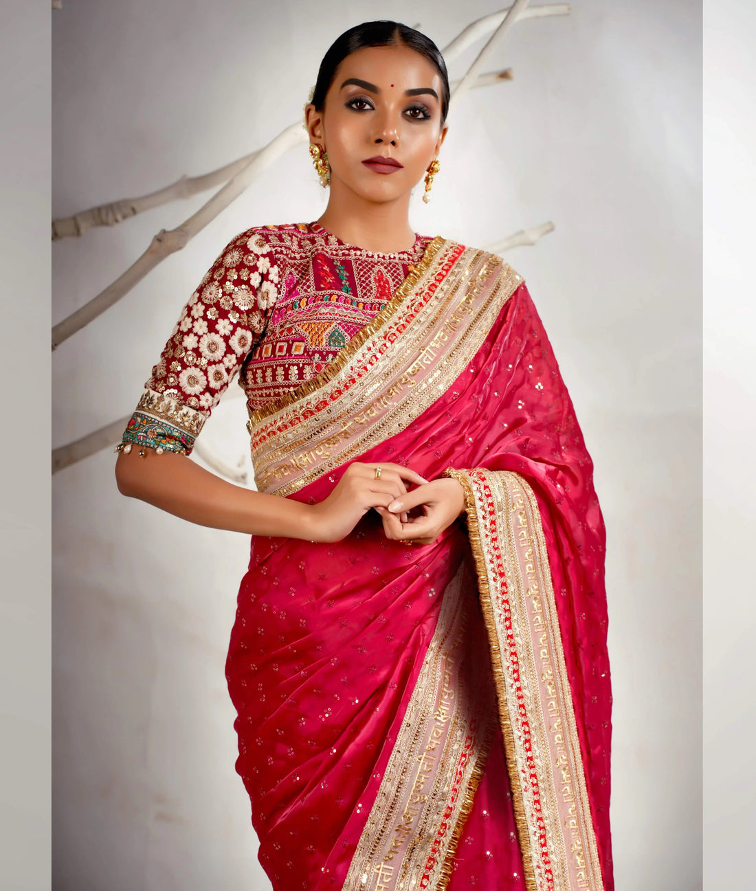 Royal Ruby Queen Saree With Sangria Sensation Melange Blouse