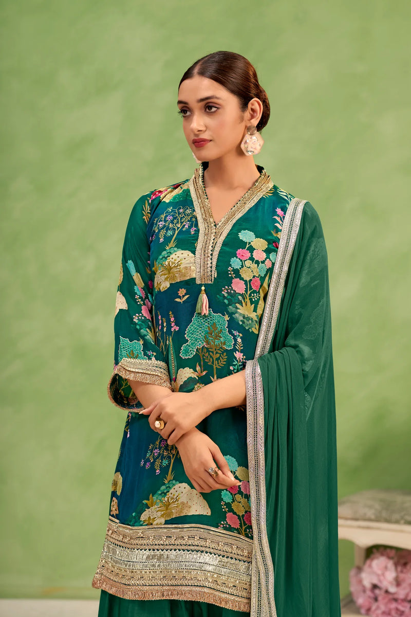 Green Crepe Botanical Printed Suit Set