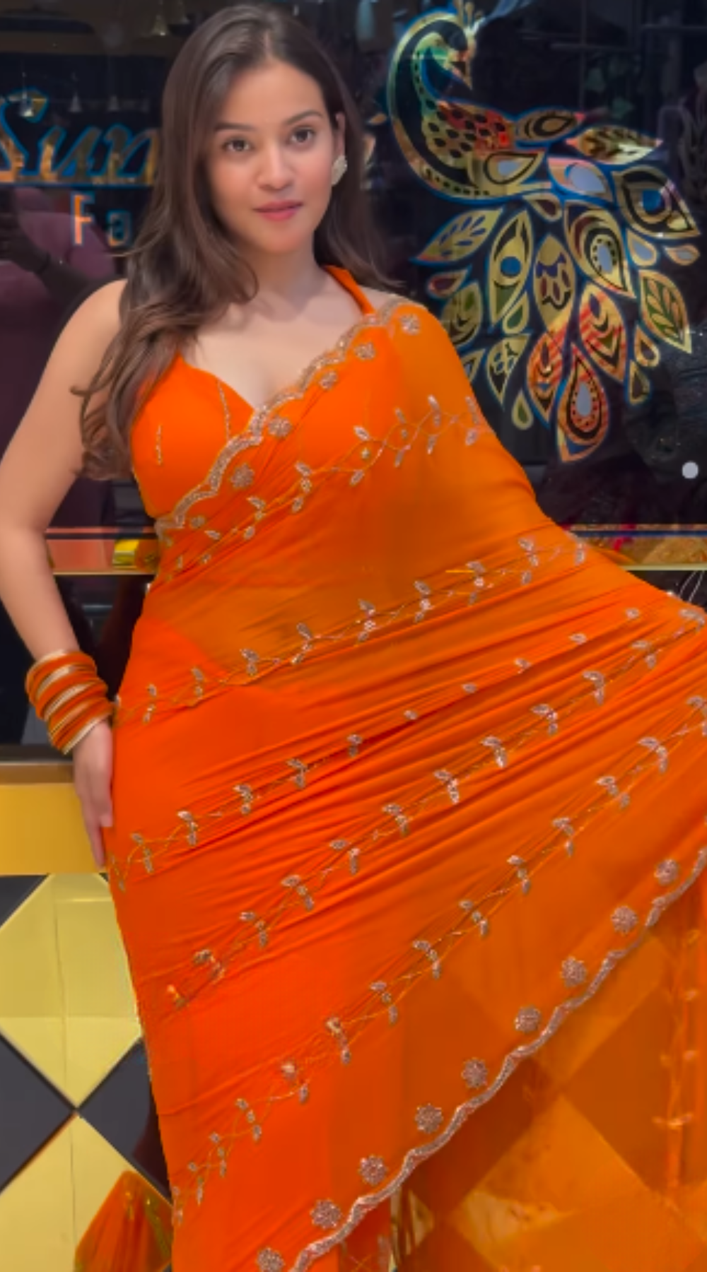 Vibrant Orange Leheriya Chiffon Saree