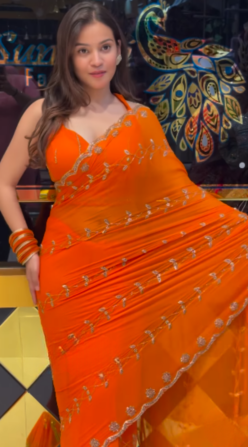 Vibrant Orange Leheriya Chiffon Saree