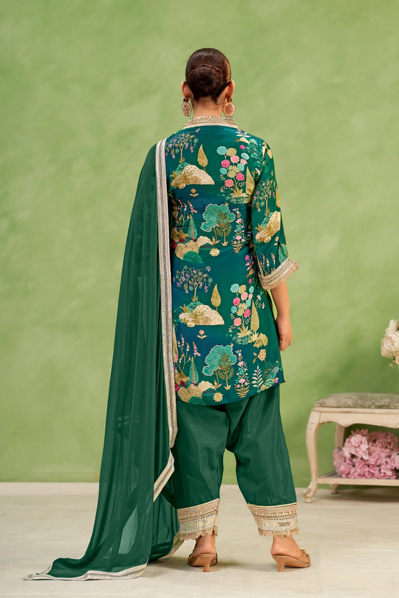 Green Crepe Botanical Printed Suit Set