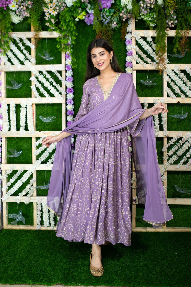 Violet Gold Thread Work Anarkali- By Reet Lifestyle
