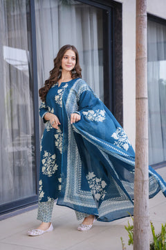 Ramya Blue Cotton Suit Set- By Reet Lifestyle