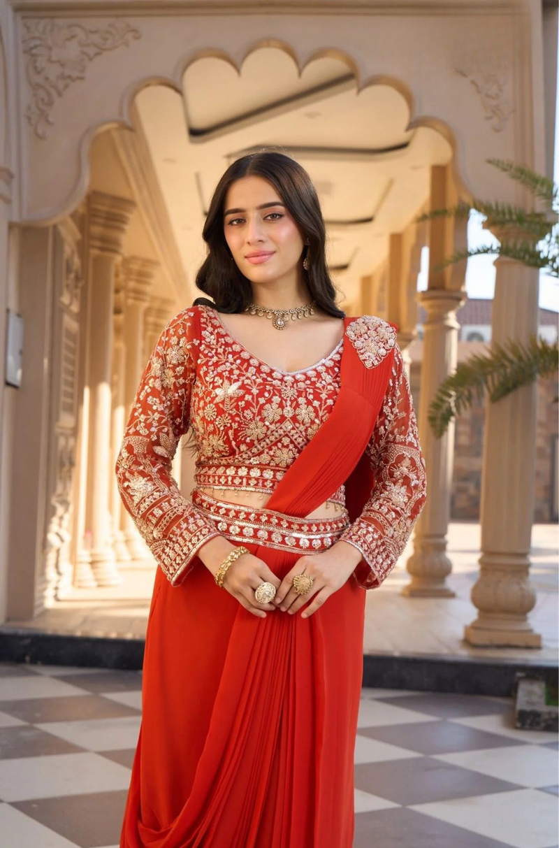 Orange Beads Work Viscose Pre-Draped Saree with Blouse
