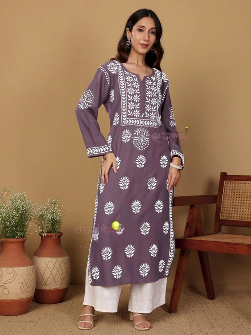Rayon Long Chikankari Straight Kurti