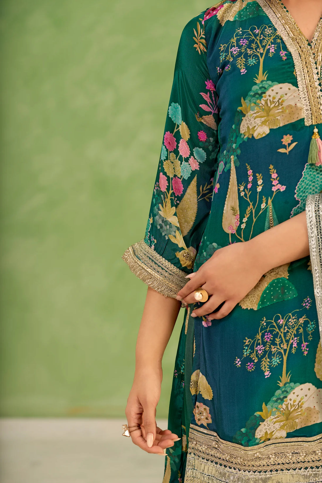 Green Crepe Botanical Printed Suit Set