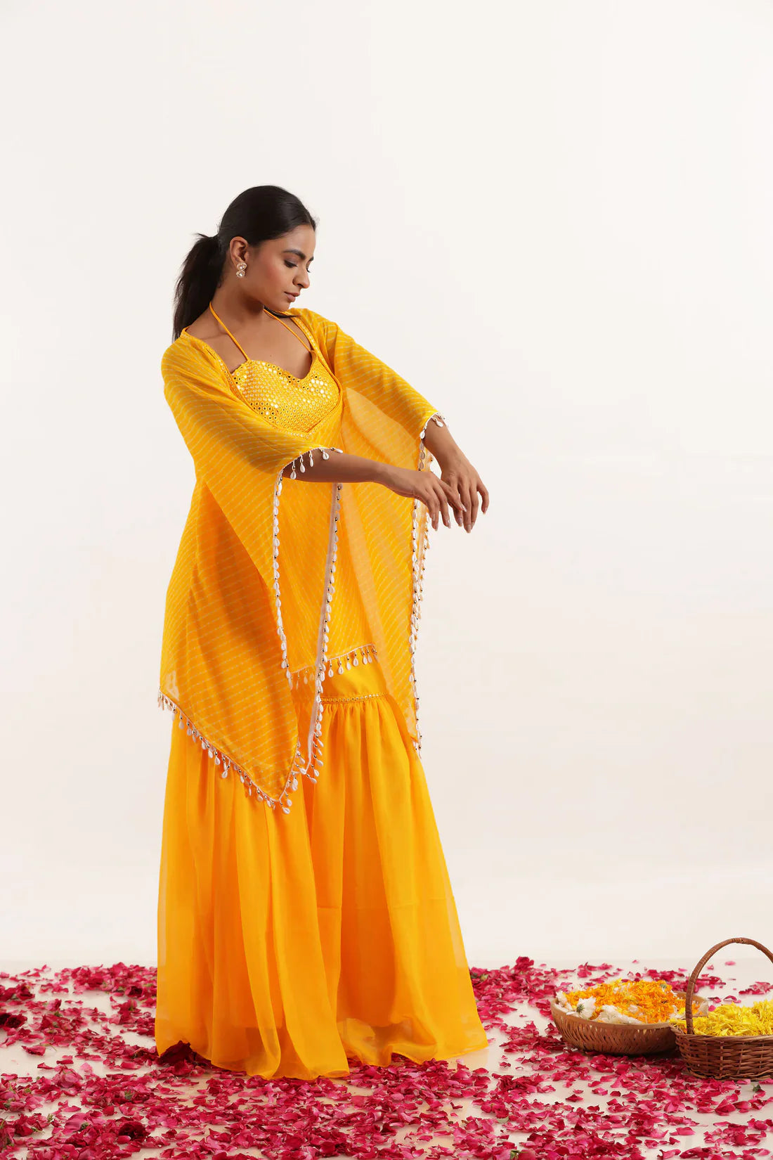 Leheriya Georgette Sharara Kaftan Set with Mirror