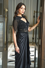 Black Chinoon Designer Pre-Draped Saree with blouse