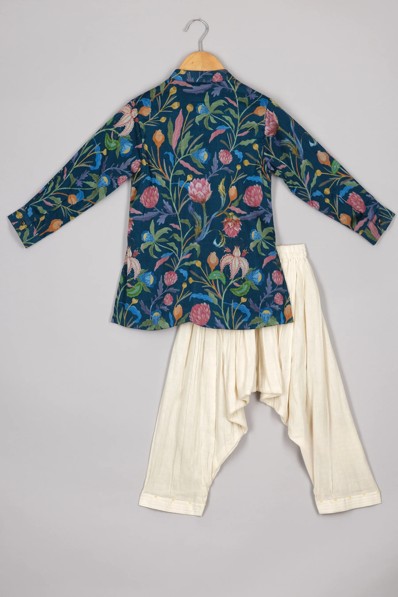 Navy Blue Chanderi Floral Kurta Patiala