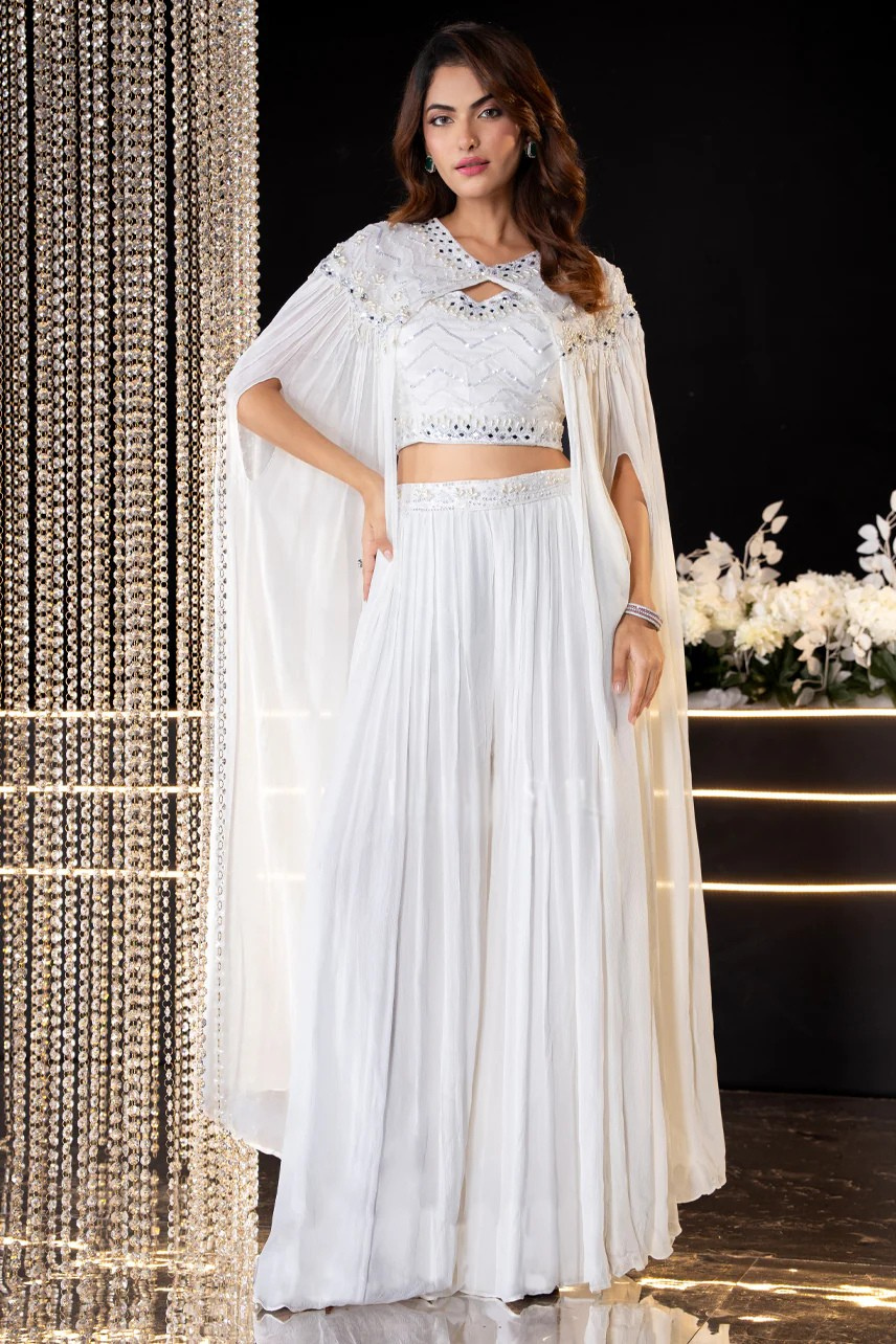 White Georgette Sleeveless Skirt Set