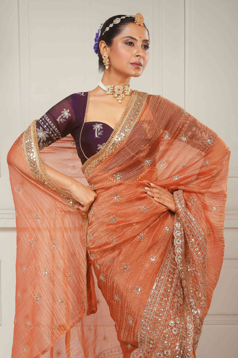Crush Tissue Saree with Dark Wine Shimmer Tissue Blouse