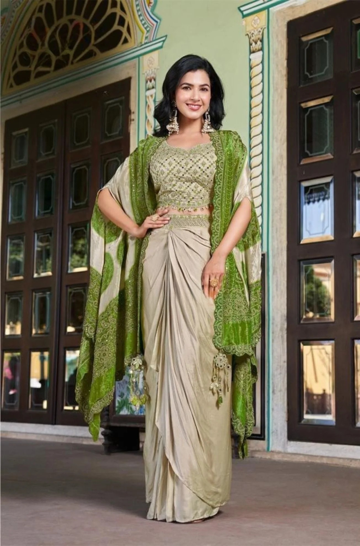 Green Viscose Embroidered Crop Top Skirt