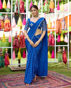 Blue Bandhani Crepe Ready to wear Saree with Blouse