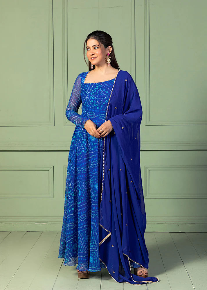 Bandhani Asymmetric Neck Anarkali with Dupatta