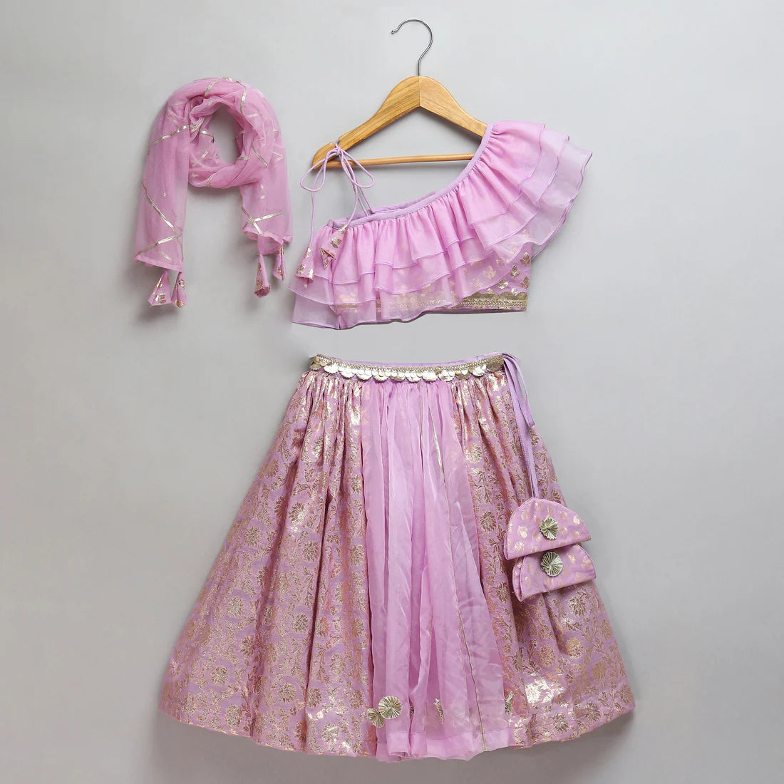 Lavendar organza frilly chanderi lehnga set and duppata
