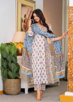 Angrakha Cotton Anarkali Suit Set with Mulmul Dupatta