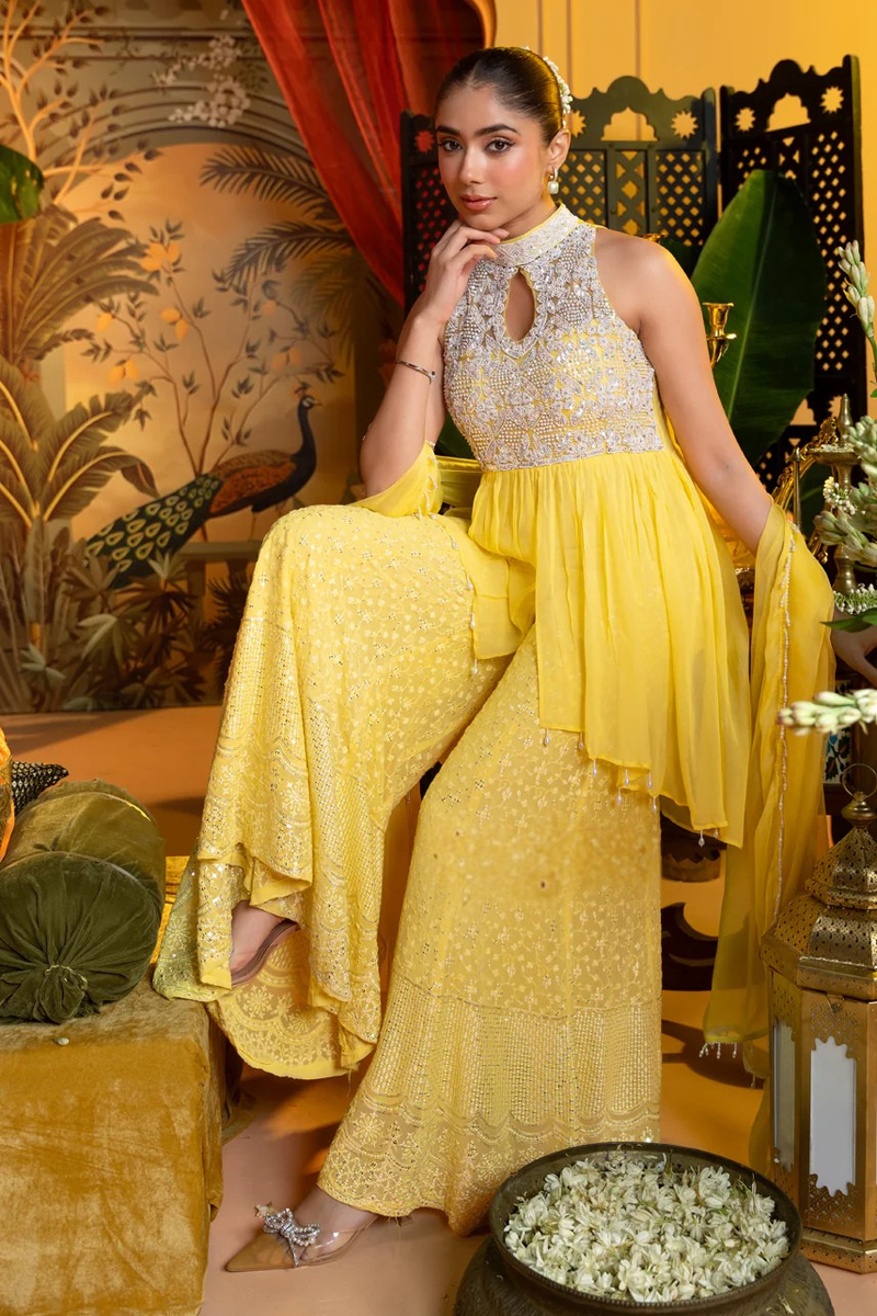 Yellow Dola Silk Palazzo Set