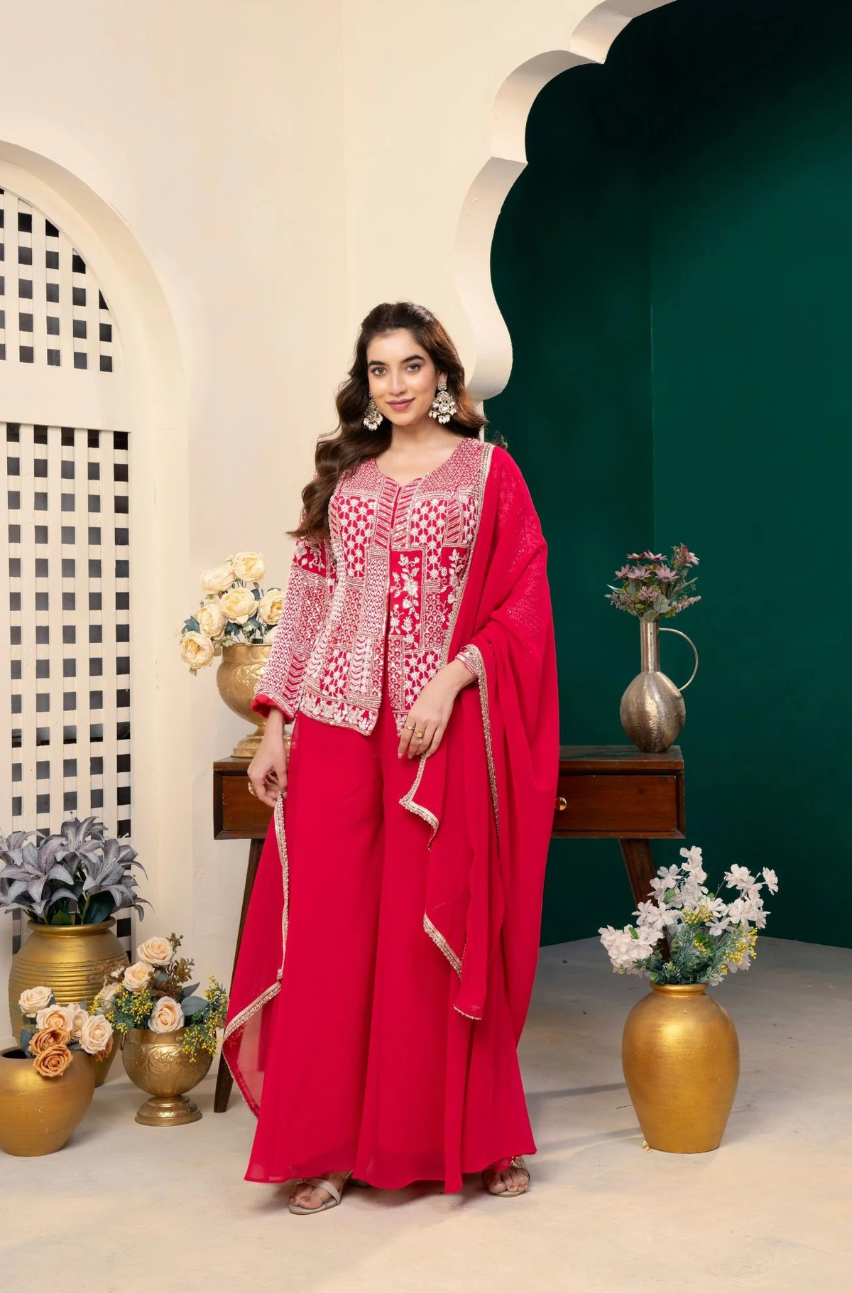 Pearl-Glow Rani Peplum & Plazo Dupatta Set