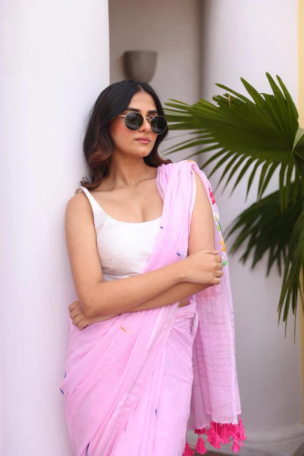 Baby Pink Embroidered Mulmul Cotton Saree- By Reet Lifestyle