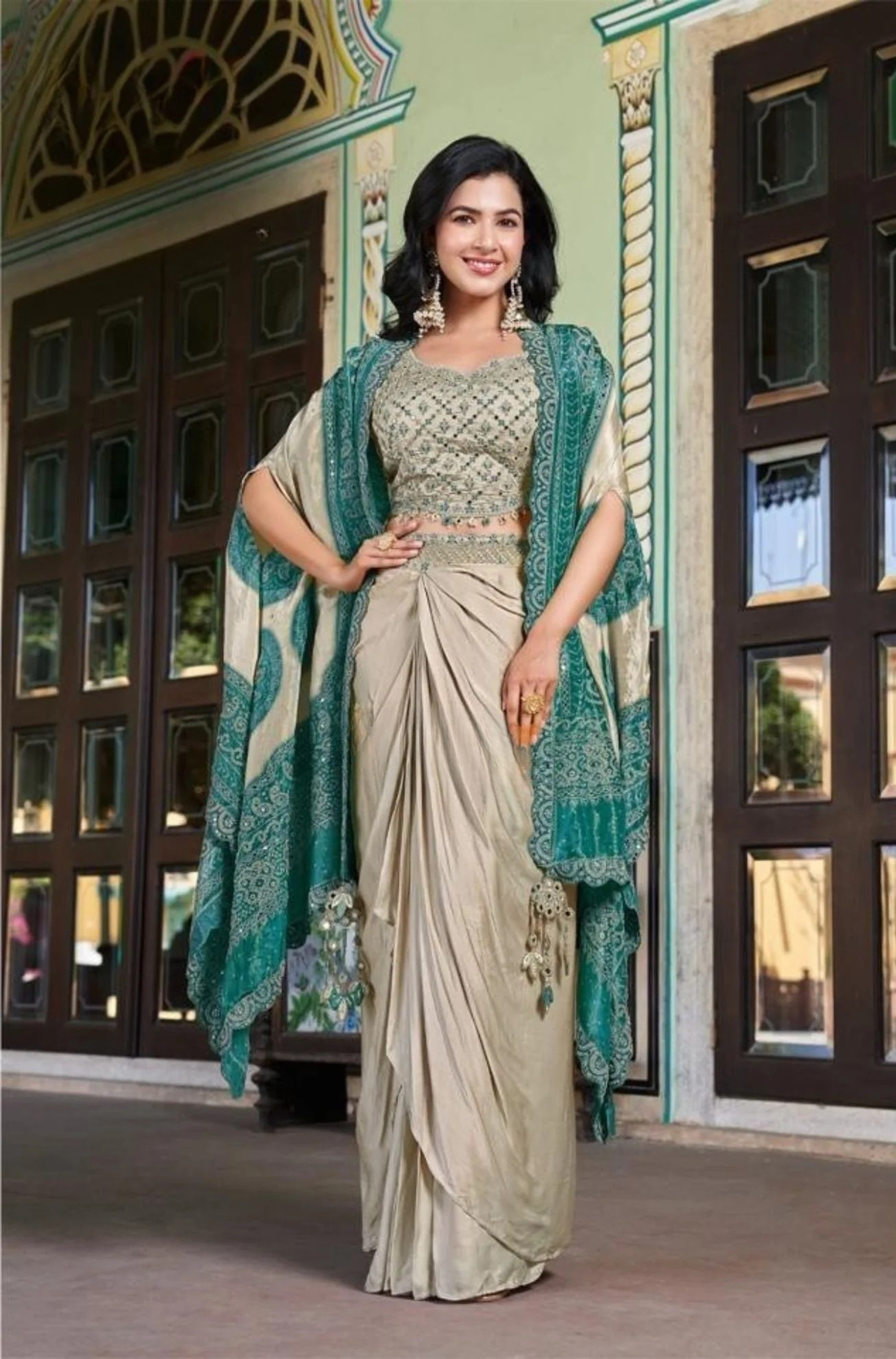 Green Viscose Embroidered Crop Top Skirt