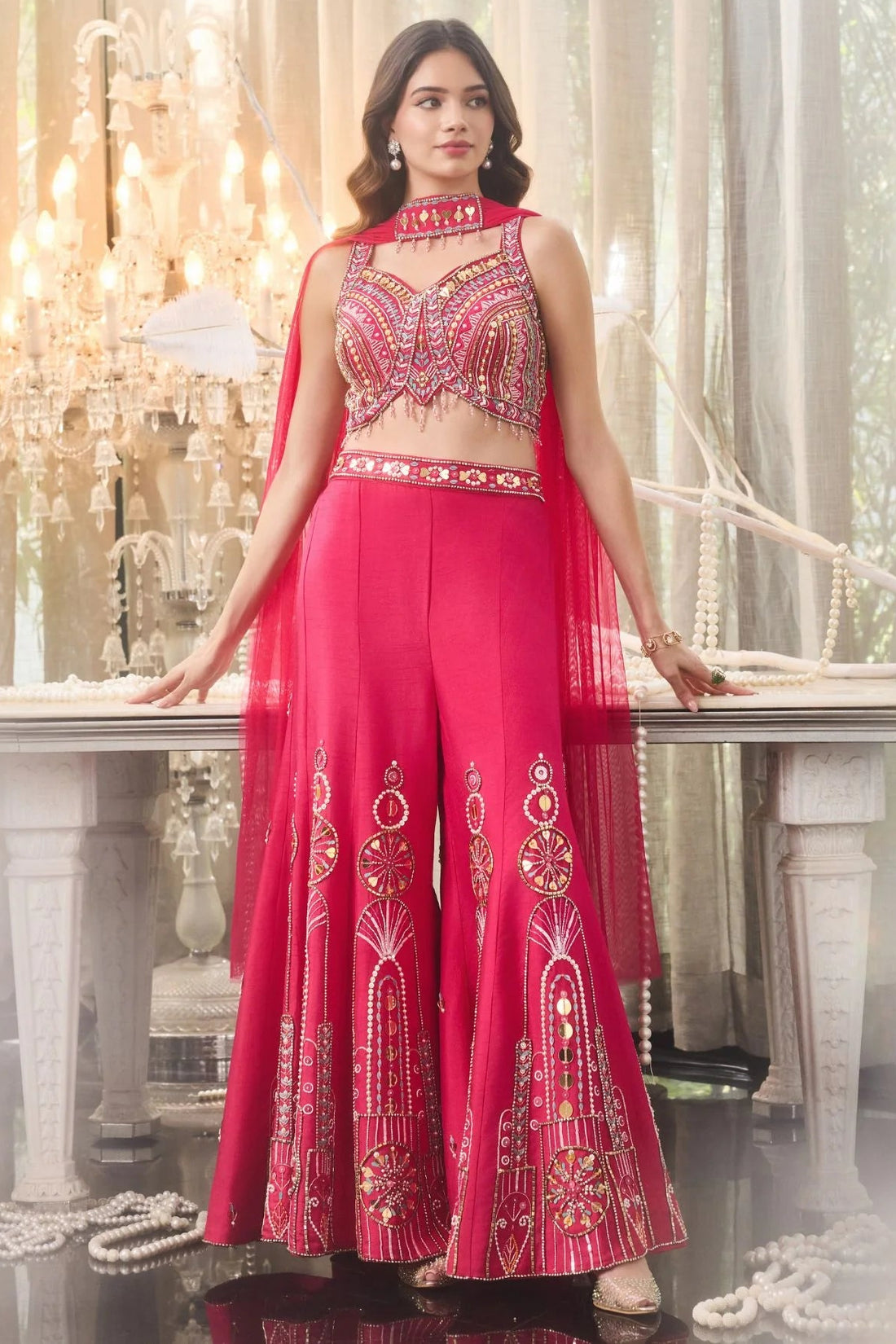 Riya Hot Pink Banglori Silk Handwork Sharara Set