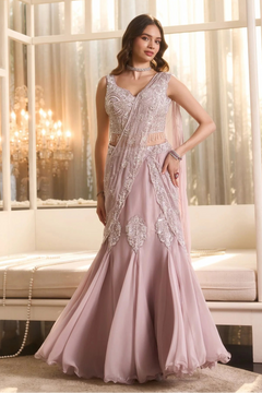 Aarohi Pastel Pink Tissue Lehanga Saree With Blouse
