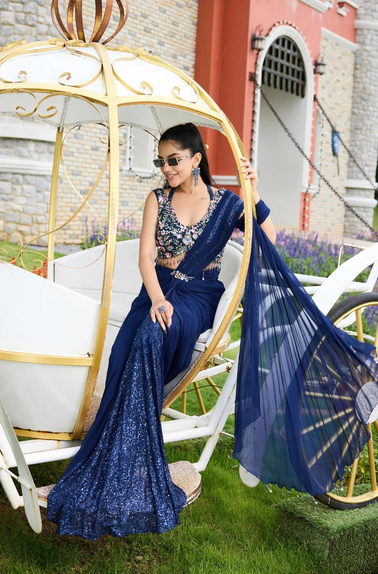 Navy Blue Viscose Designer Pre-Draped Saree