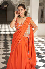 Orange Silk Crepe Pre-Draped Sequin Saree