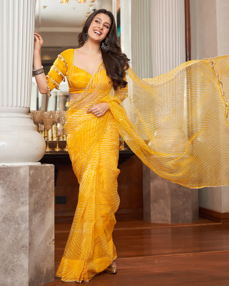 Agni Yellow Pre-Draped Leheriya Saree with Blouse