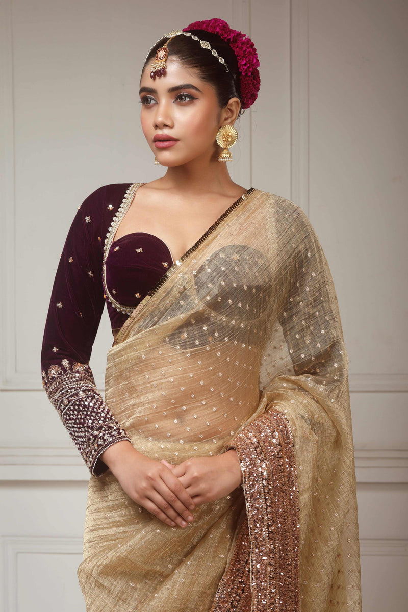 Brushed Gold Crush Tissue Saree with Dark Purple Velvet Embroidered Blouse