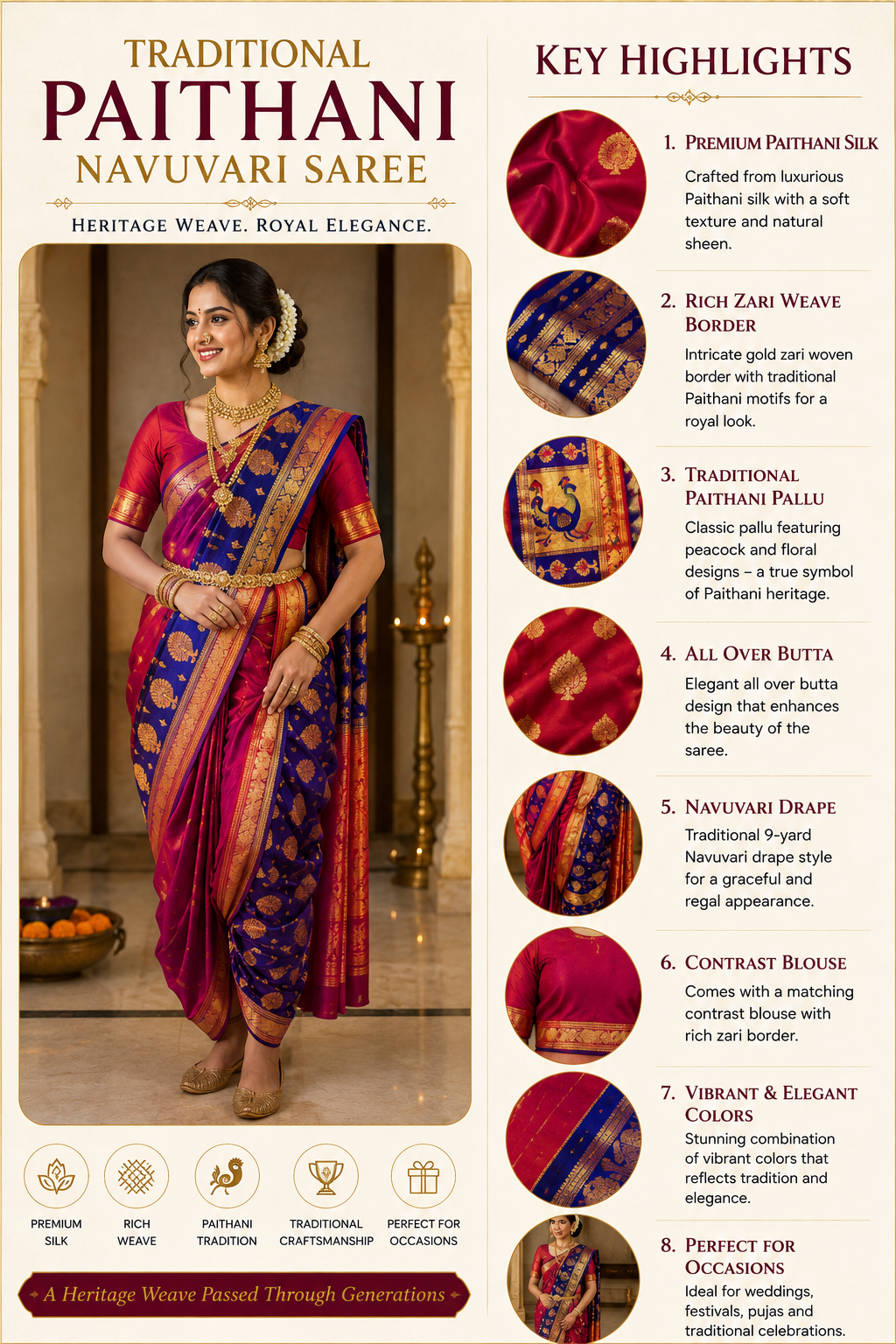 Jijamata Pure Cotton Silk 9-Yard Nauvari Paithani Saree With Morani Pallu