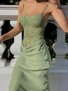 Green Flat Jersey Lace-Trimmed Maxi Dress