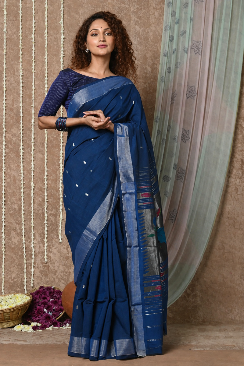 Pure Cotton Handwoven Paithani Saree Handcrafted Peacock Pallu
