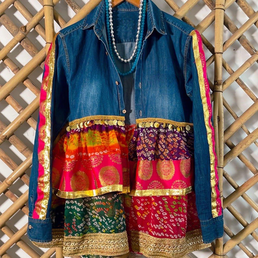 Fusion Denim Peplum shirt with Bandhani Silk Frill & Zari Accents