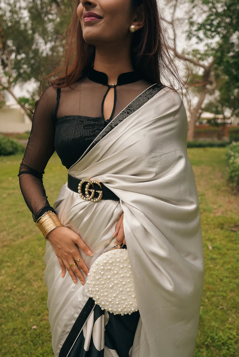 Ivory Noir Polka Statement Satin Saree with Blouse
