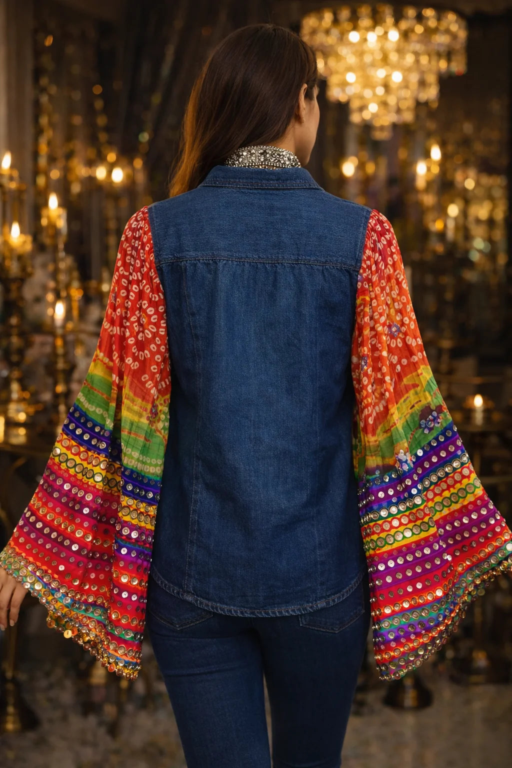 Fusion Denim Peplum shirt with Bandhani Silk Frill & Zari Accents