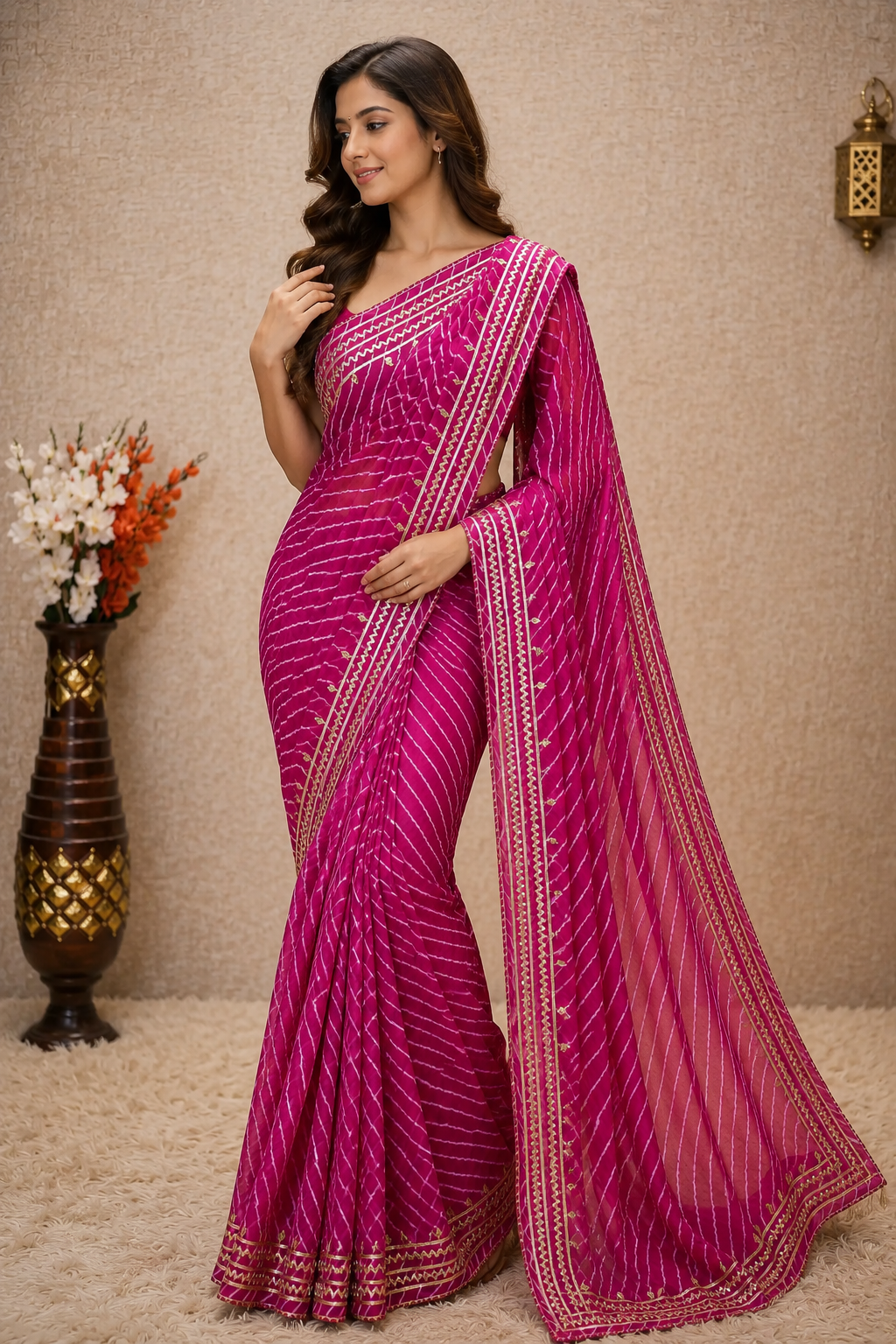 Rani Pink Leheriya Saree with Handcrafted Kacchi Gota Patti Work