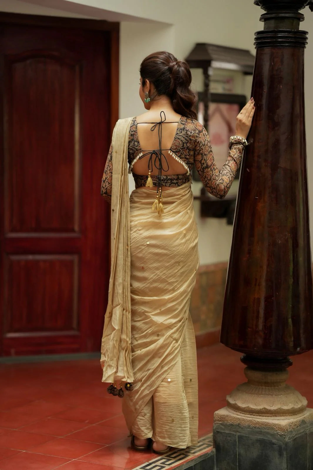 Golden Chanderi Designer Saree with Ajrakh Blouse