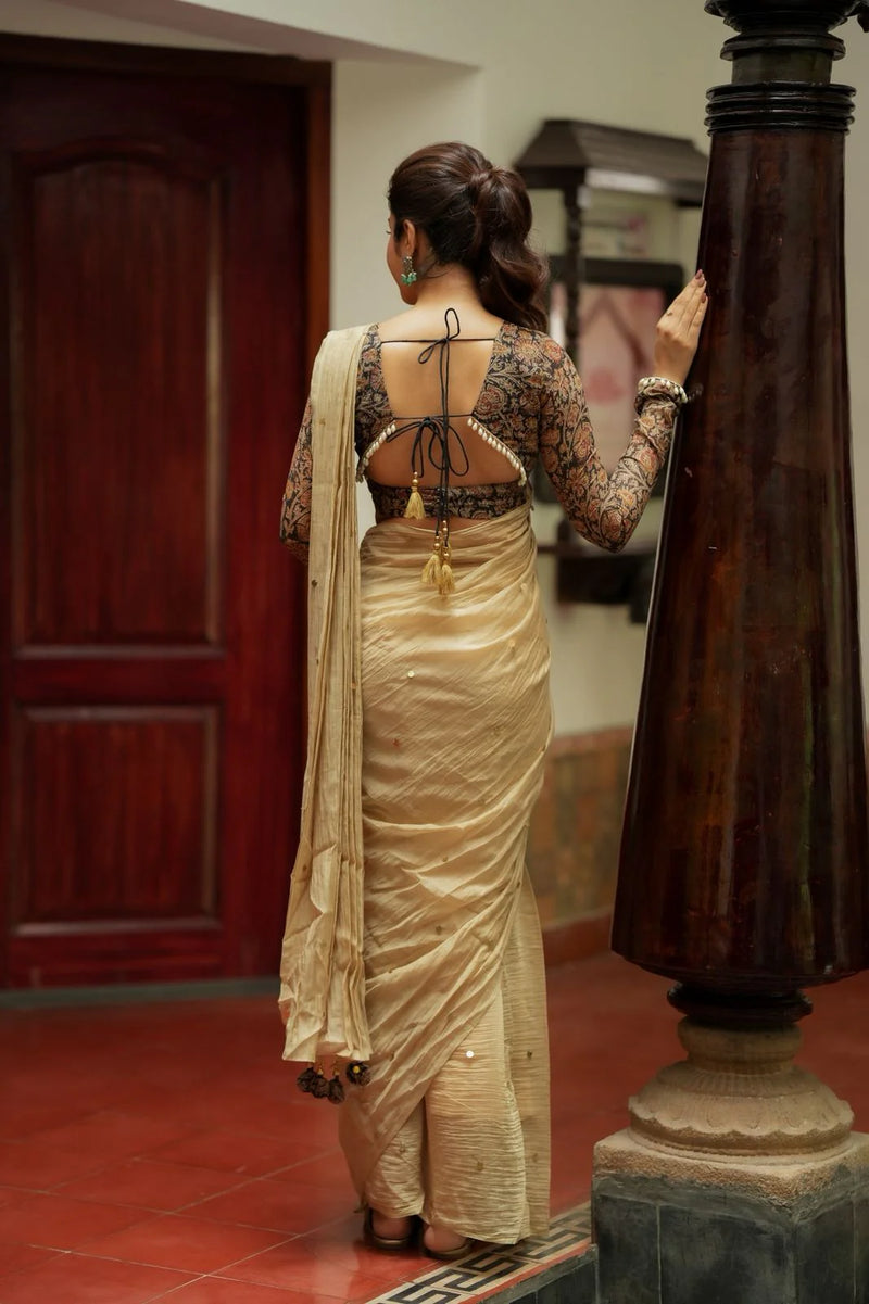Golden Chanderi Designer Saree with Ajrakh Blouse