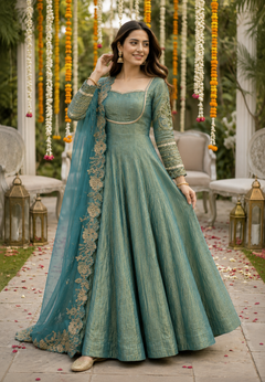 Sage Green Embroidered Anarkali Gown Set with Organza Dupatta