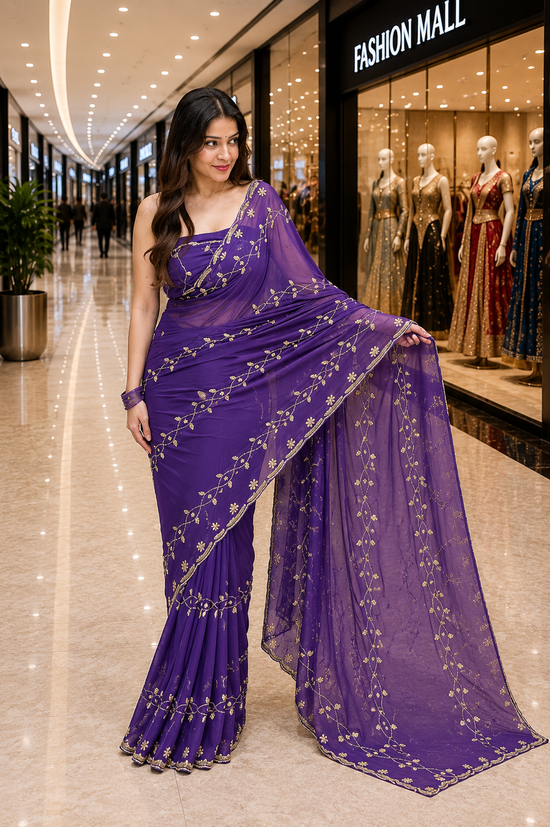 Royal Purple Pure Chiffon Floral Handwork Saree
