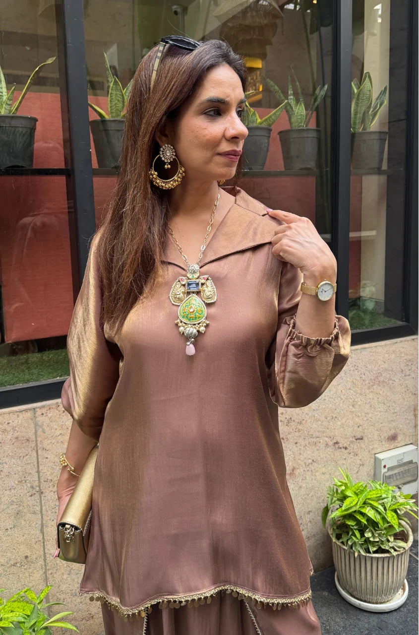 Mahira Luxe Shimmer Silk Tunic Top with Dhoti Skirt