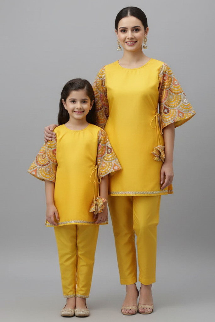 Mustard Kurti and Tulip Dhoti with Net Dupatta Twinning Set Brother Sister or Mother daughter