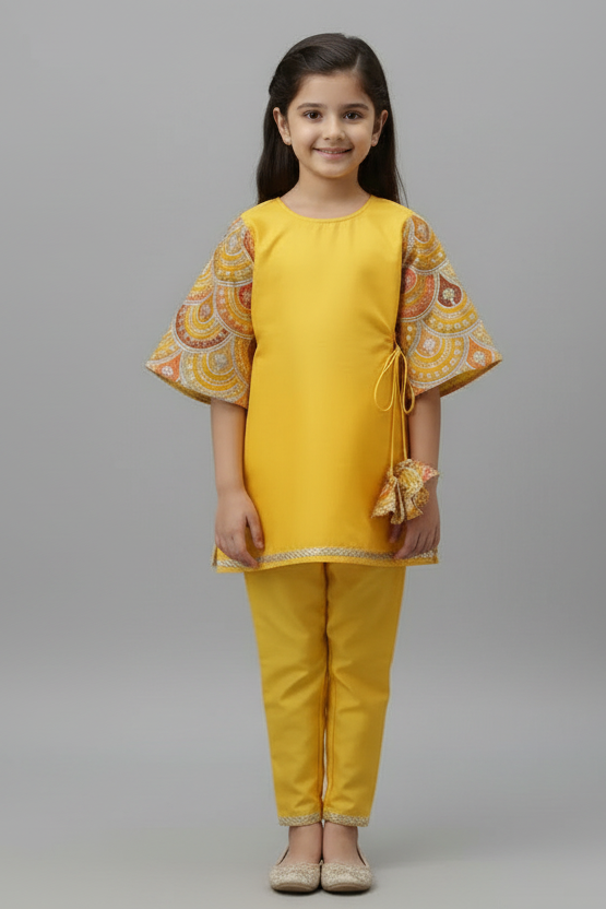 Mustard Kurti and Tulip Dhoti with Net Dupatta Twinning Set Brother Sister or Mother daughter