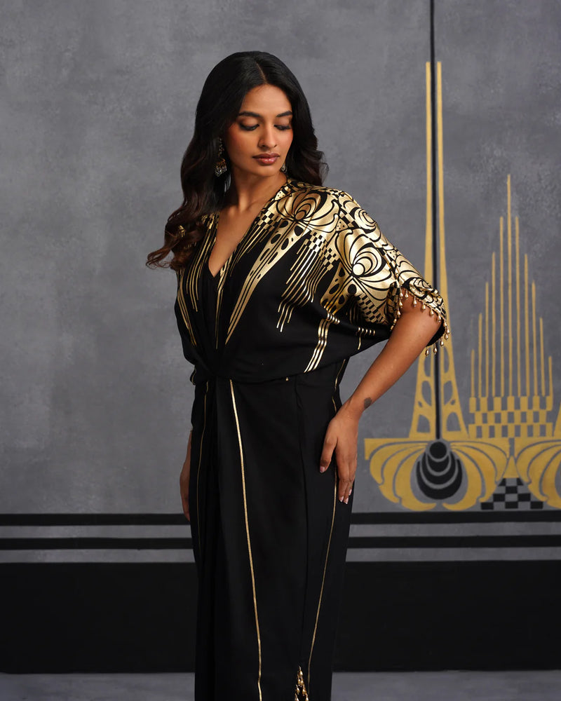 Midnight Gold Foil Draped Kaftan Dress