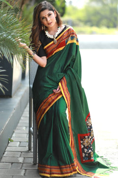 Green Khun Saree with Hand Painted Kalamkari Patch Pallu
